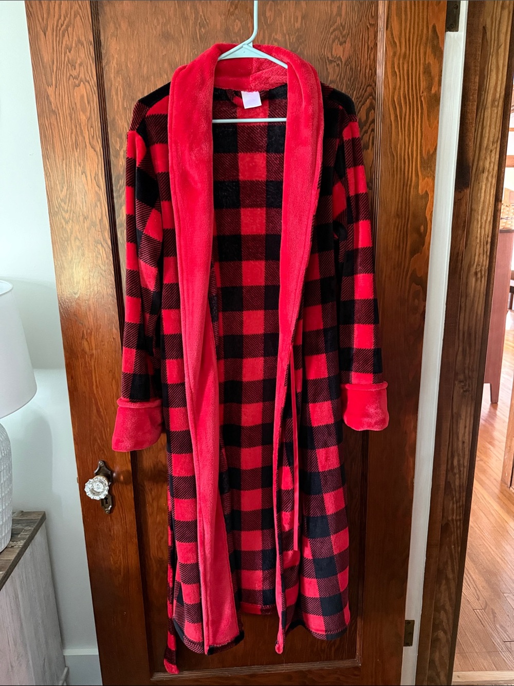 Secret Treasures Red and Black Buffalo Plaid Fleece Robe with Plush Red Trim